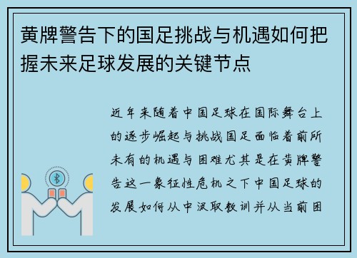 黄牌警告下的国足挑战与机遇如何把握未来足球发展的关键节点